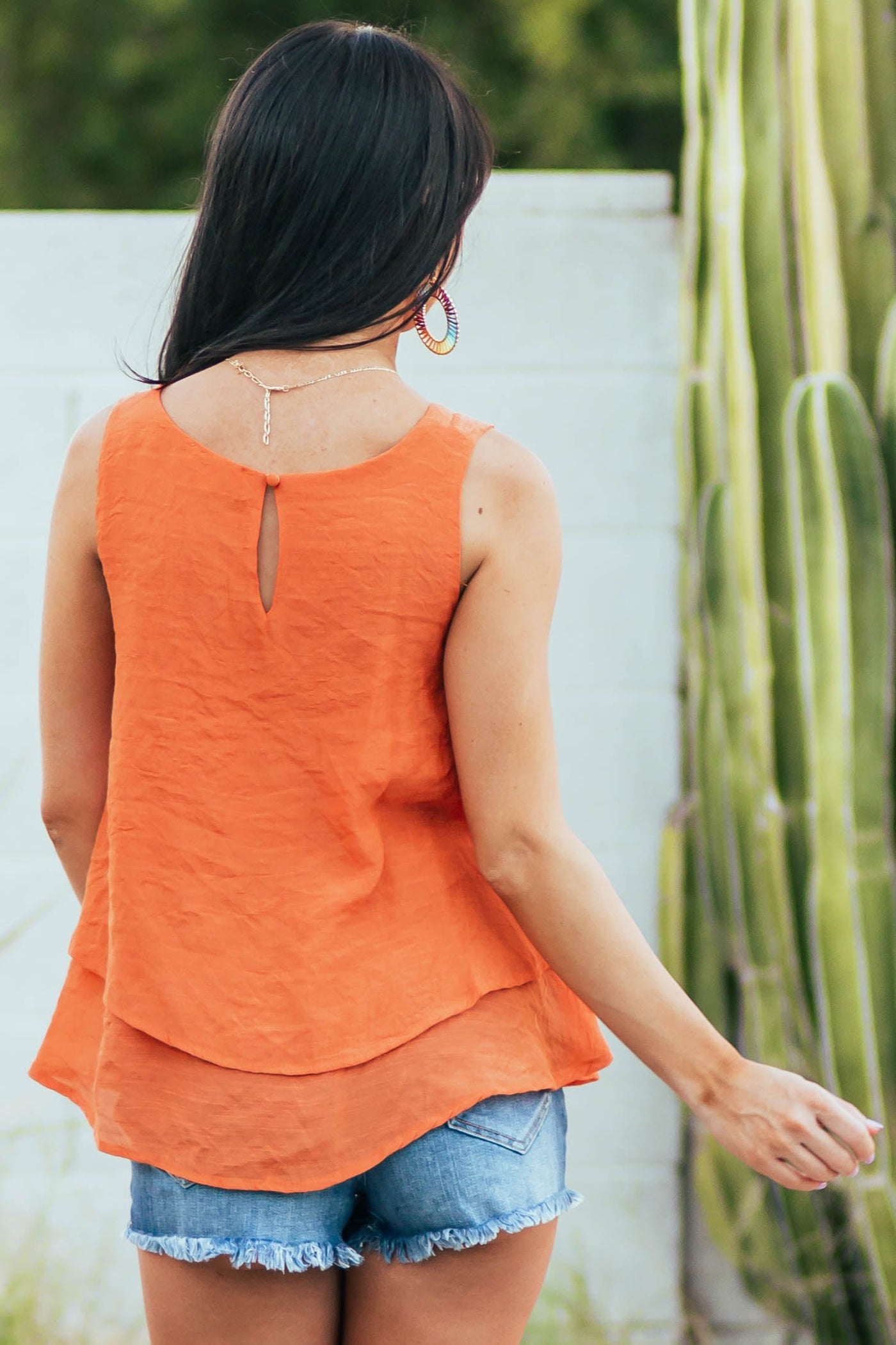Tangerine Round Neck Woven Tank Top with Tier Detail