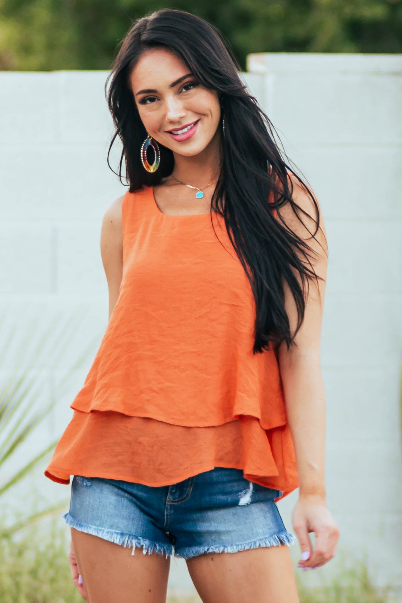 Tangerine Round Neck Woven Tank Top with Tier Detail