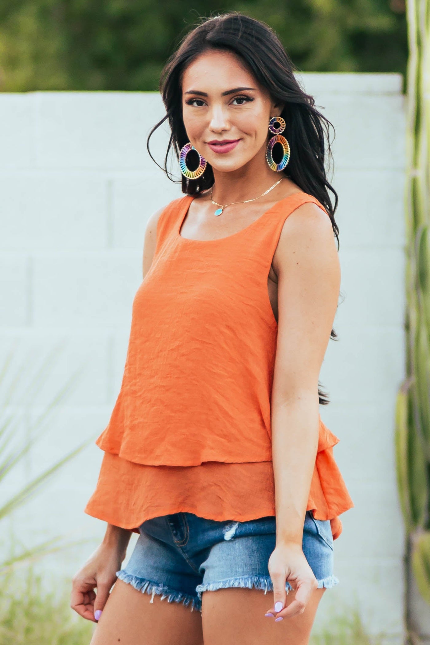 Tangerine Round Neck Woven Tank Top with Tier Detail