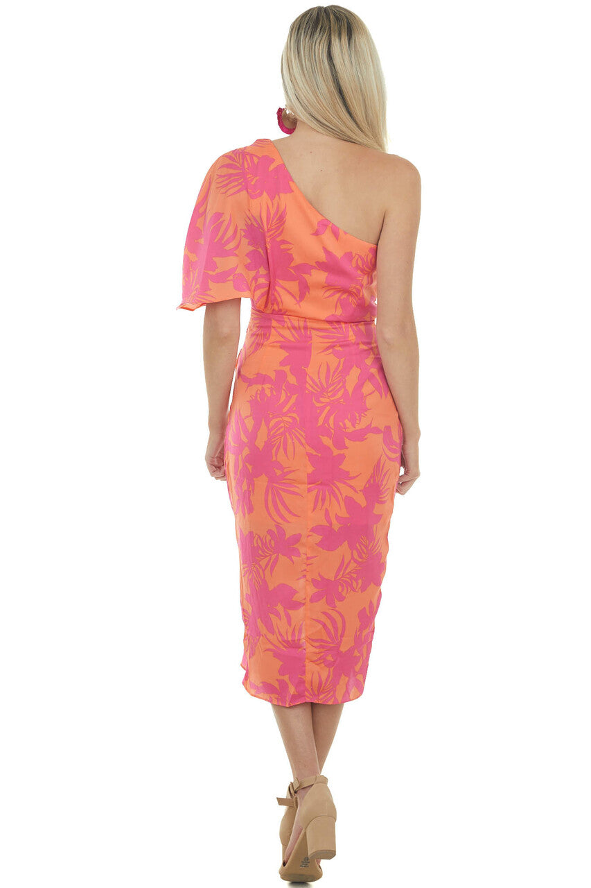 Tangerine Tropical One Shoulder Wrap Dress