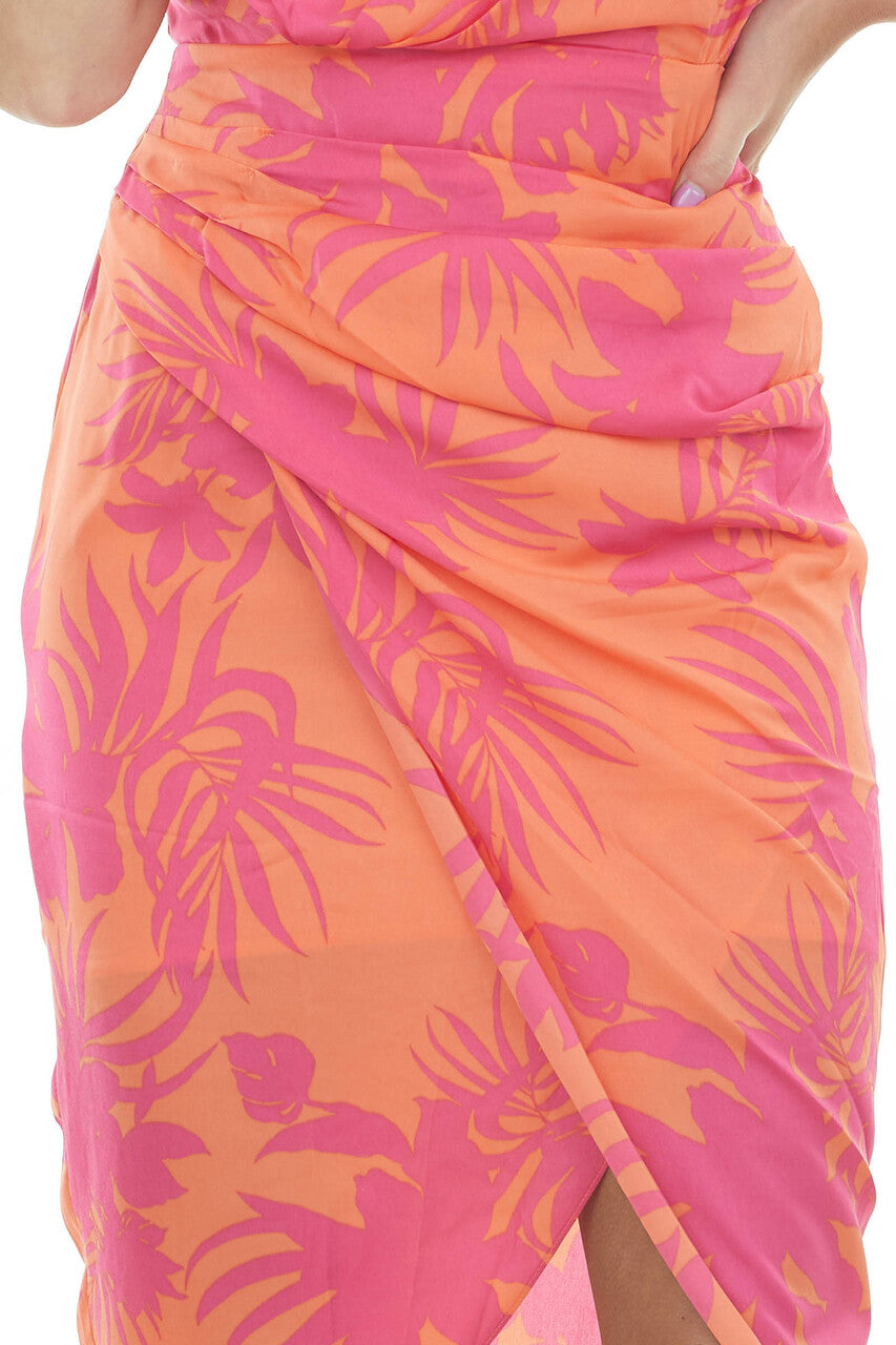 Tangerine Tropical One Shoulder Wrap Dress