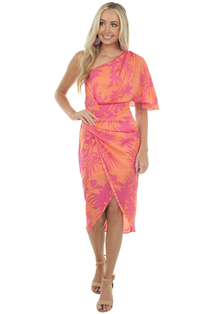 Tangerine Tropical One Shoulder Wrap Dress