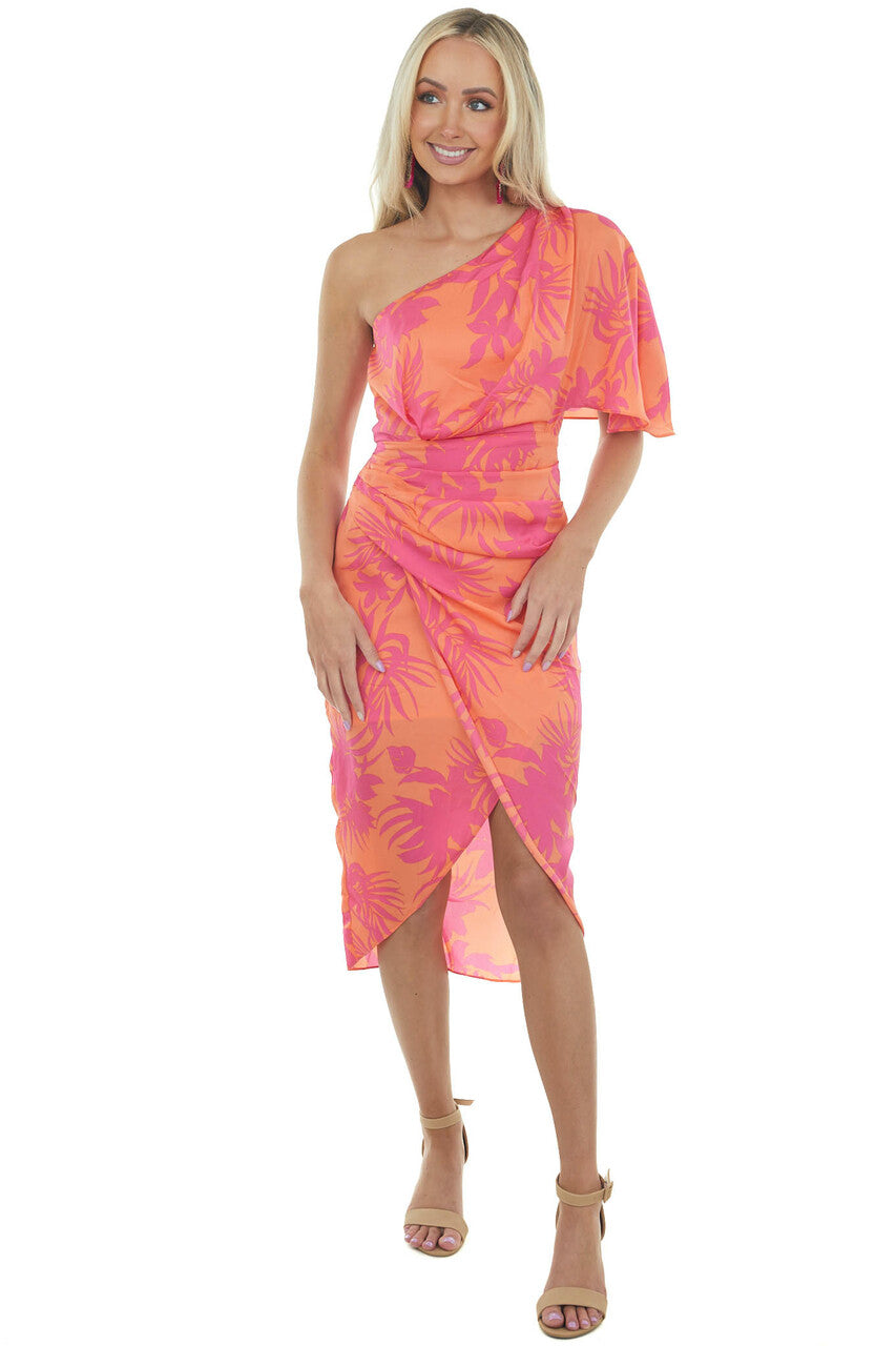 Tangerine Tropical One Shoulder Wrap Dress