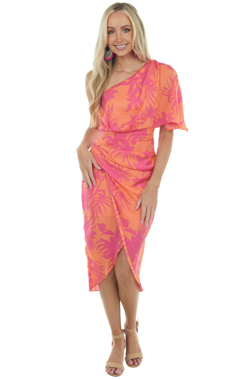 Tangerine Tropical One Shoulder Wrap Dress