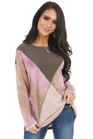 Taupe and Blush Colorblock Long Sleeve Top with Tie Dye 