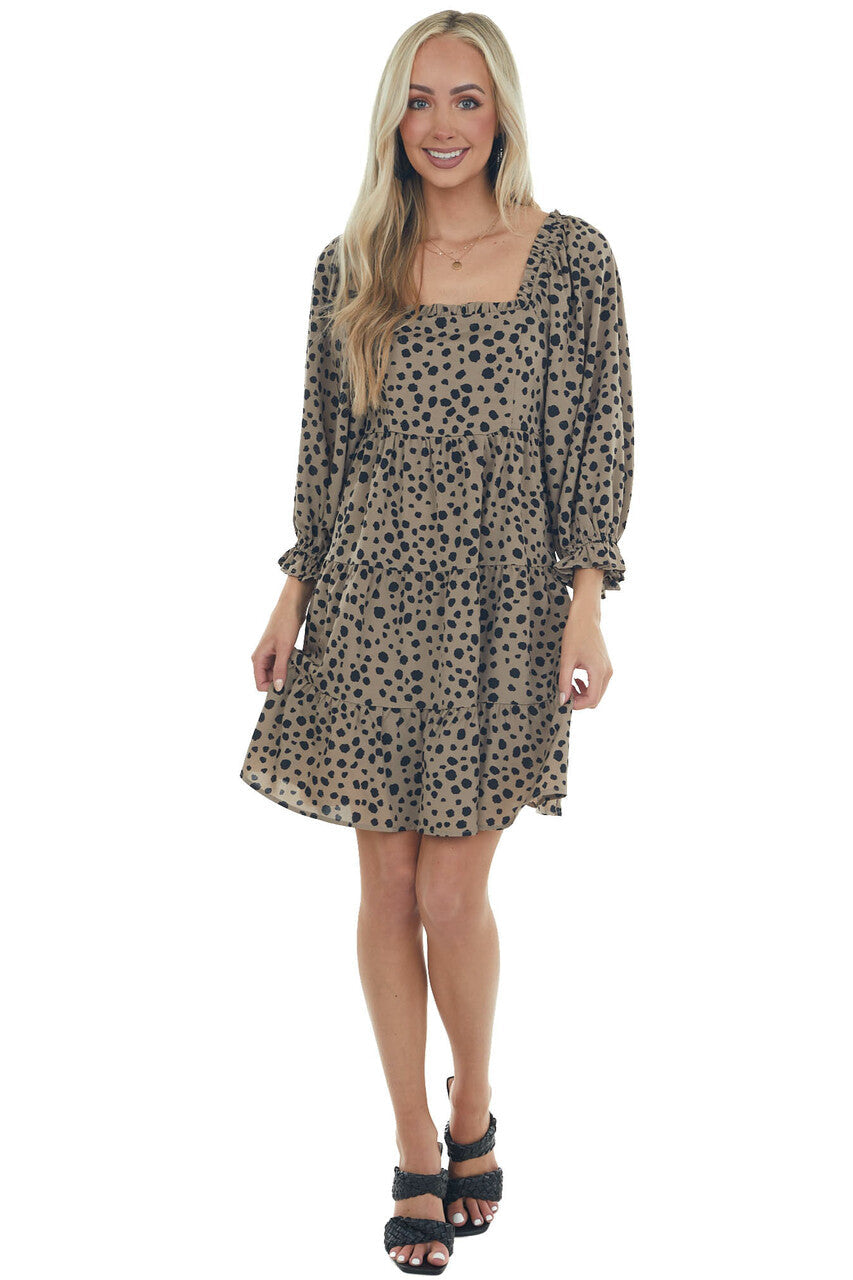 Taupe Dalmatian Tiered Puff Sleeve Dress