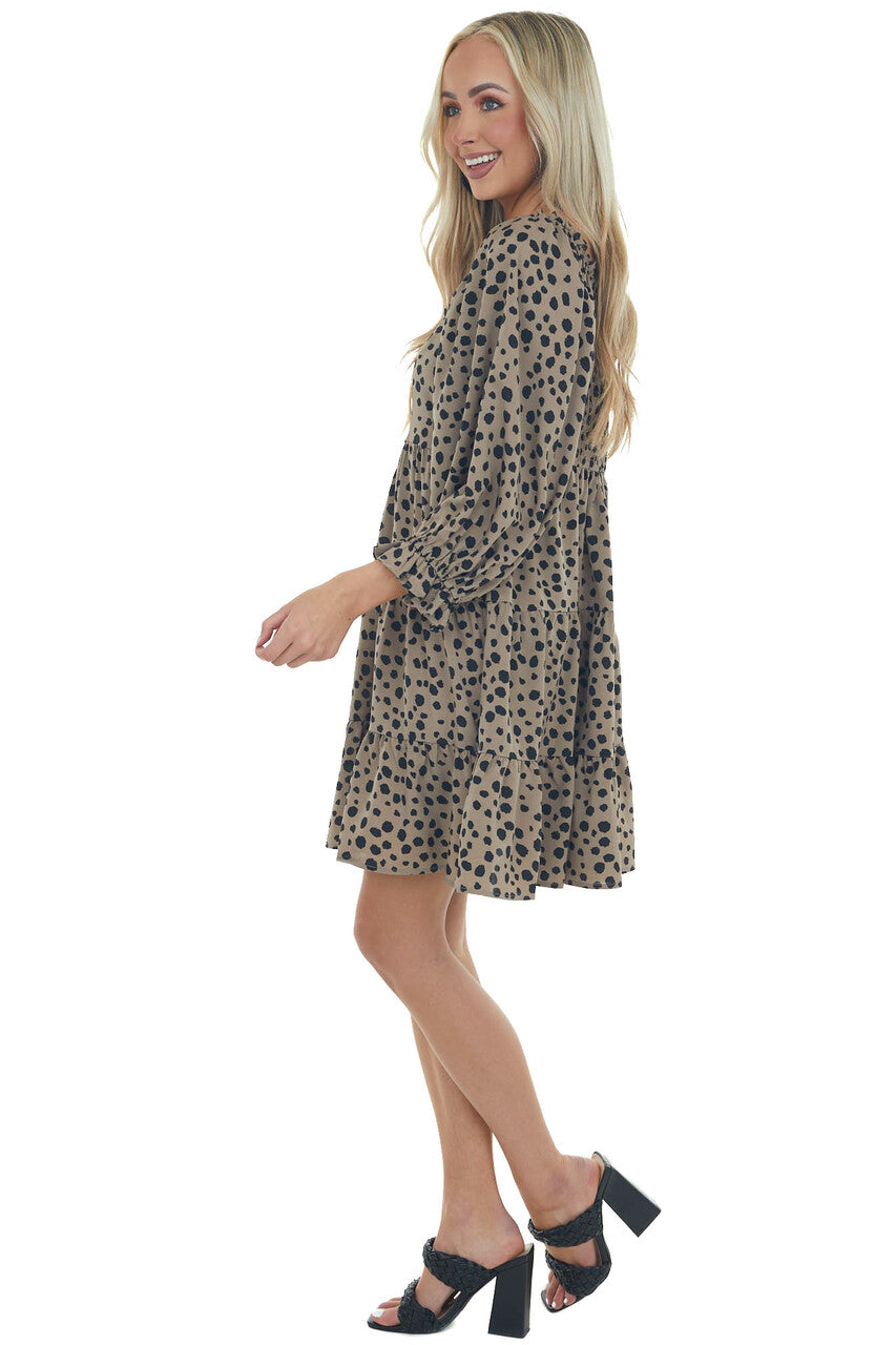 Taupe Dalmatian Tiered Puff Sleeve Dress