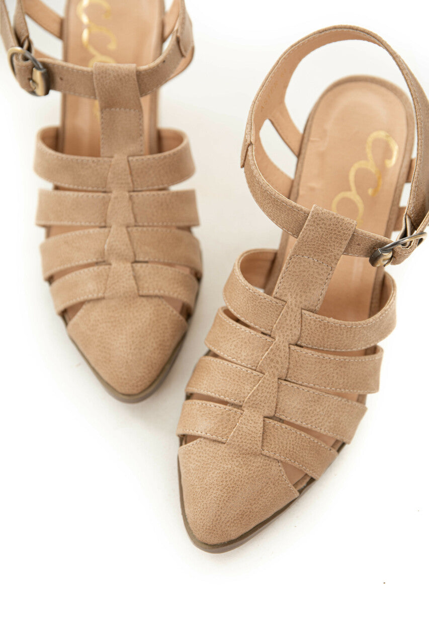 Taupe Faux Leather Strappy Pointed Toe Heels 