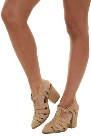 Taupe Faux Leather Strappy Pointed Toe Heels 