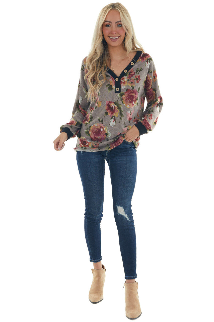 Taupe Floral Print Long Sleeve V Neck Knit Top 