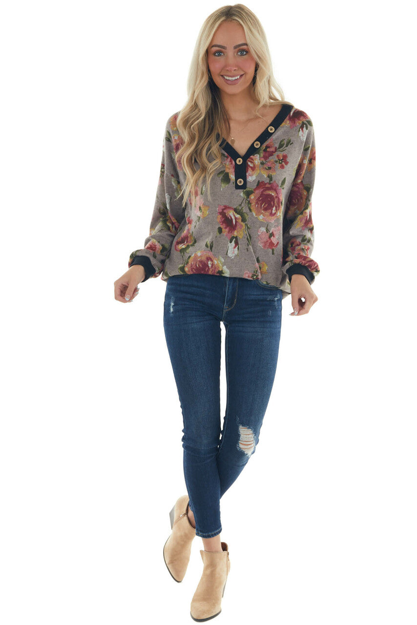 Taupe Floral Print Long Sleeve V Neck Knit Top 