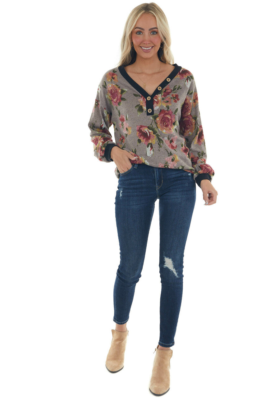 Taupe Floral Print Long Sleeve V Neck Knit Top 