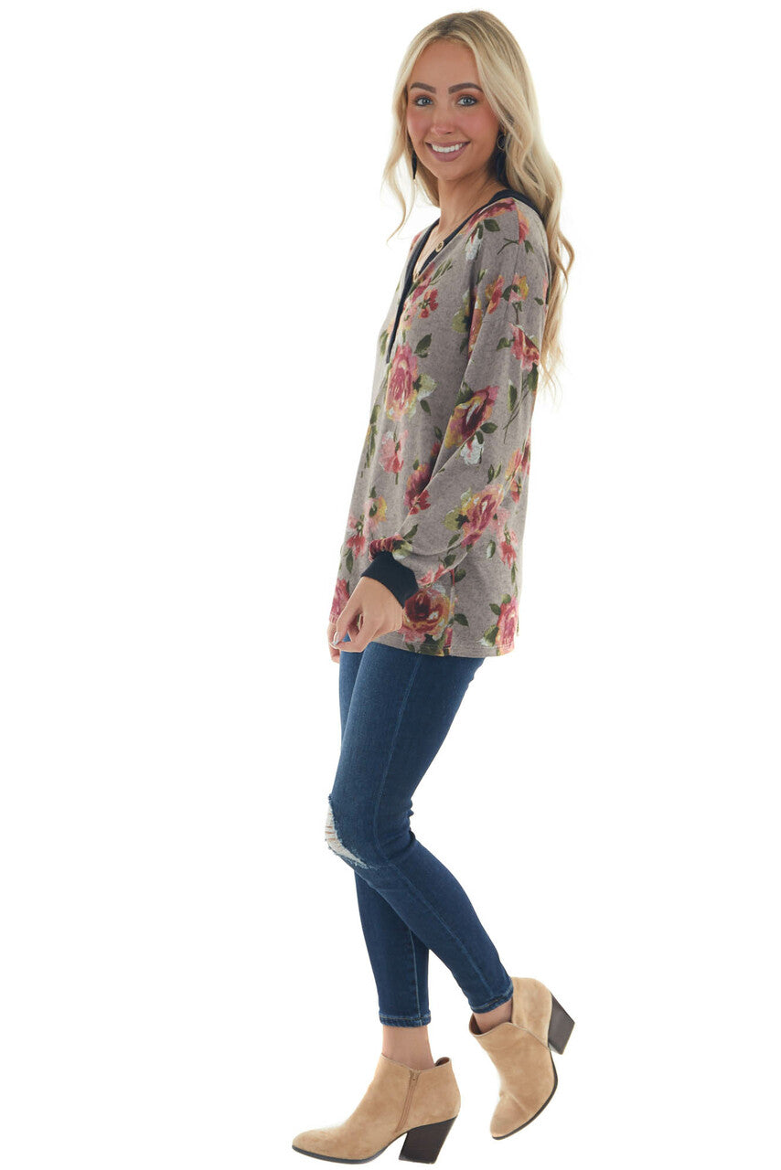 Taupe Floral Print Long Sleeve V Neck Knit Top 