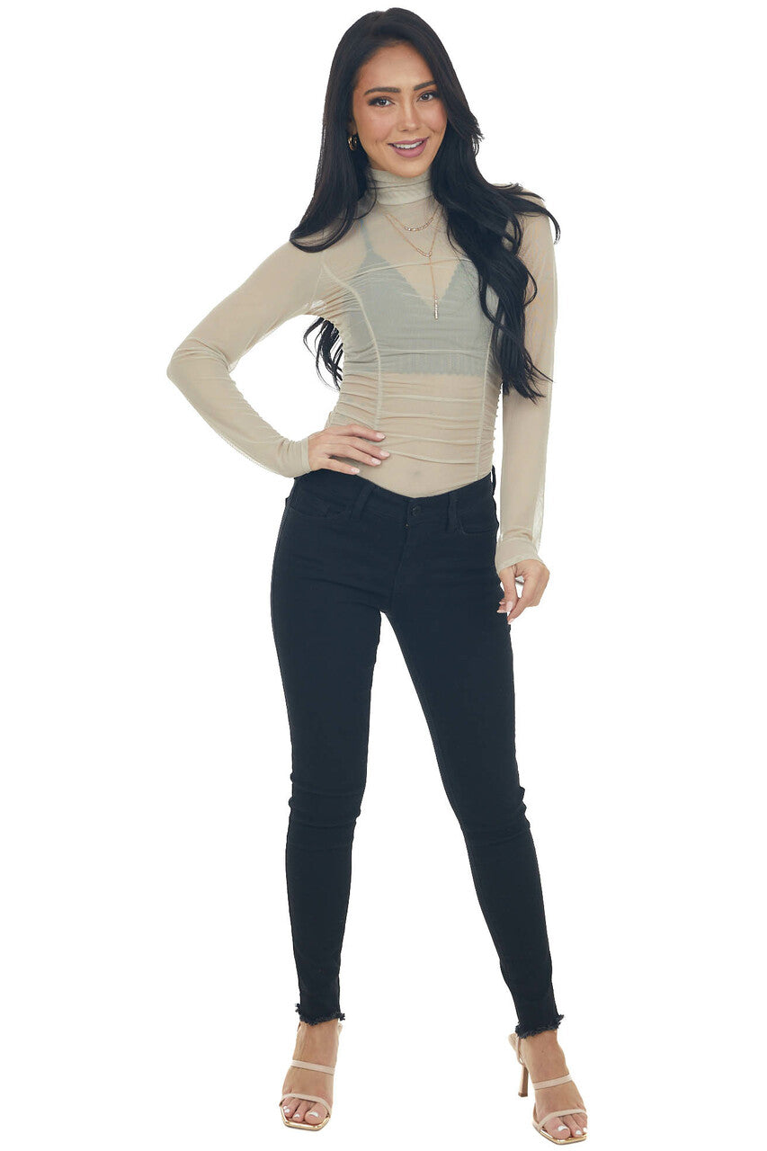 Taupe Long Sleeve Ruched Bodycon Bodysuit