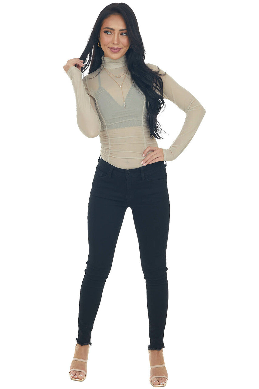 Taupe Long Sleeve Ruched Bodycon Bodysuit