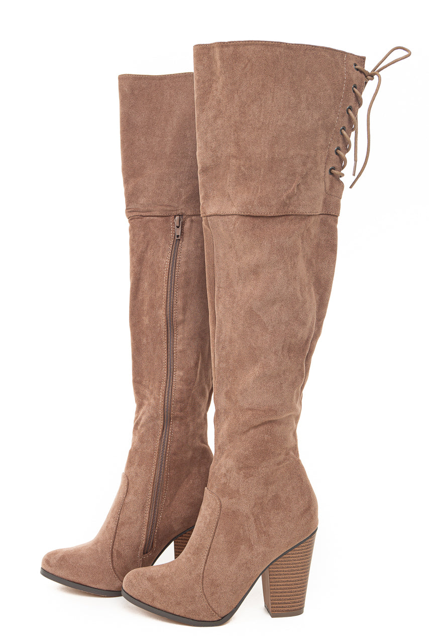 Taupe Over the Knee High Boots with Lace Up Back Detail