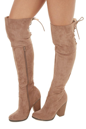 Taupe Over the Knee High Boots with Lace Up Back Detail