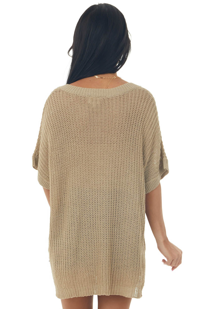 Taupe Short Sleeve Loose Knit Sweater with Front Pocket