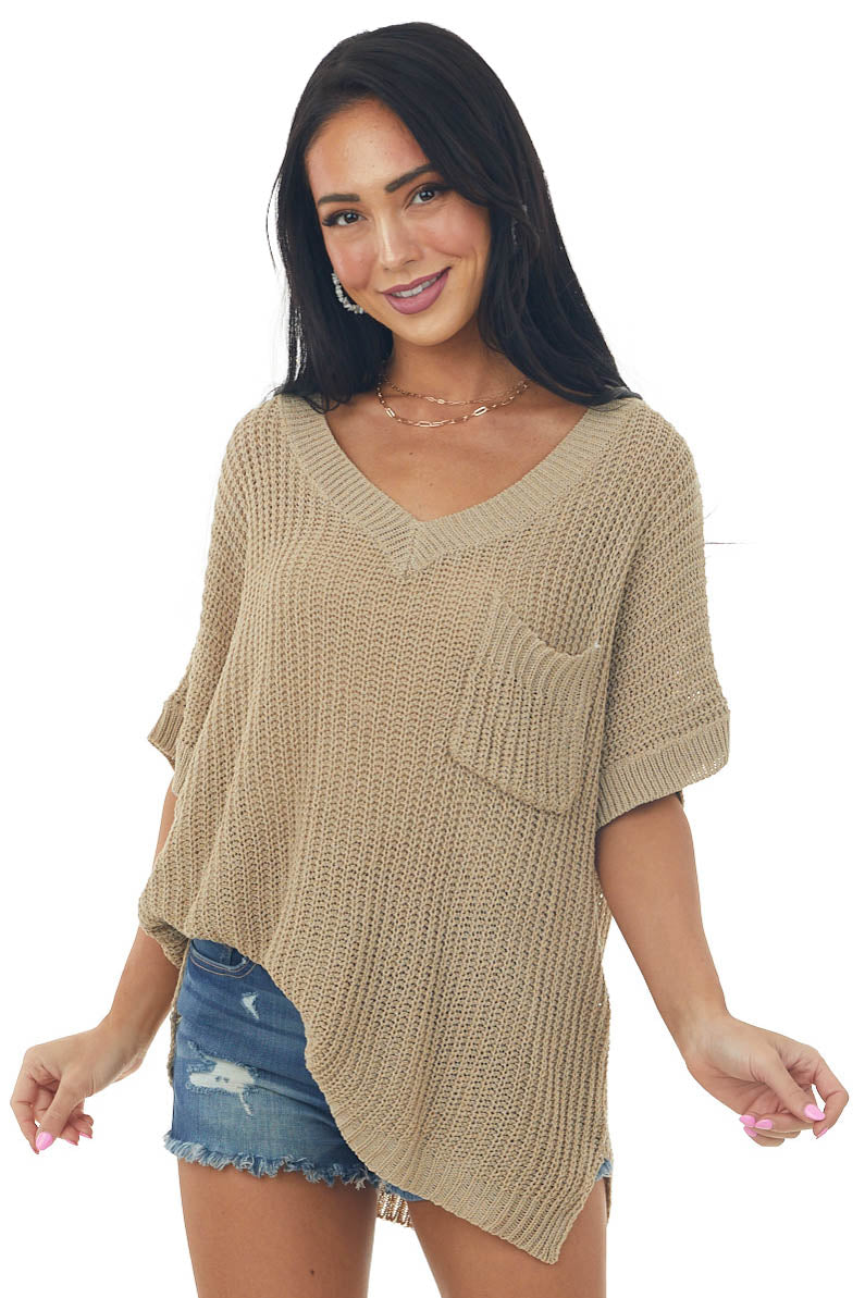 Taupe Short Sleeve Loose Knit Sweater with Front Pocket