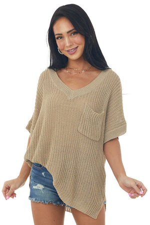 Taupe Short Sleeve Loose Knit Sweater with Front Pocket