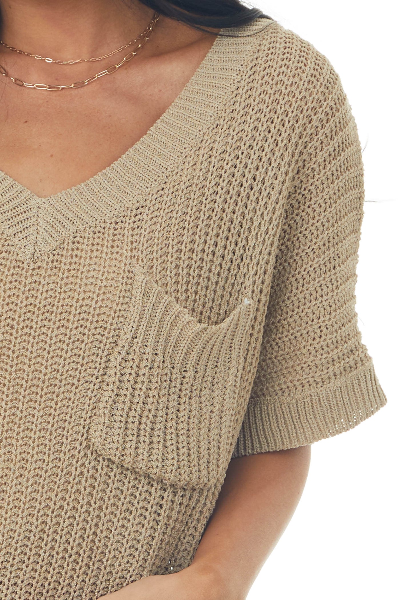Taupe Short Sleeve Loose Knit Sweater with Front Pocket