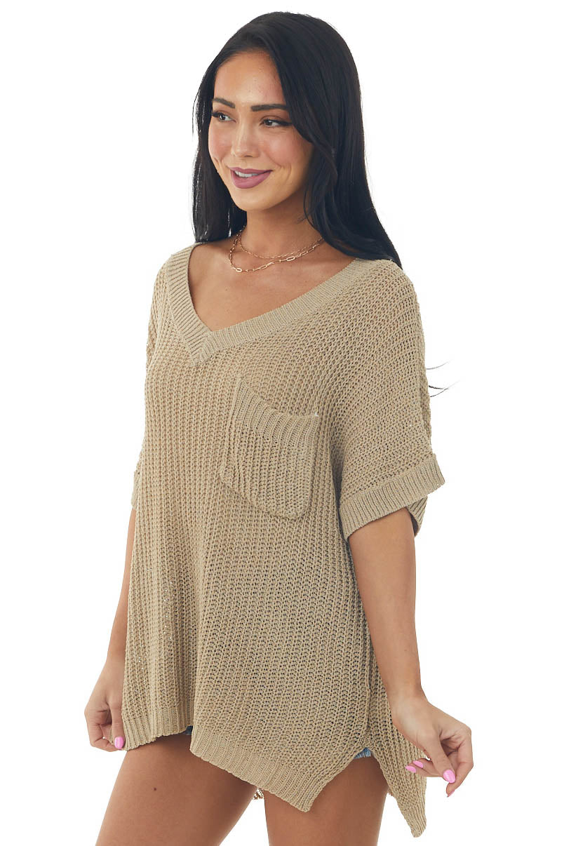 Taupe Short Sleeve Loose Knit Sweater with Front Pocket