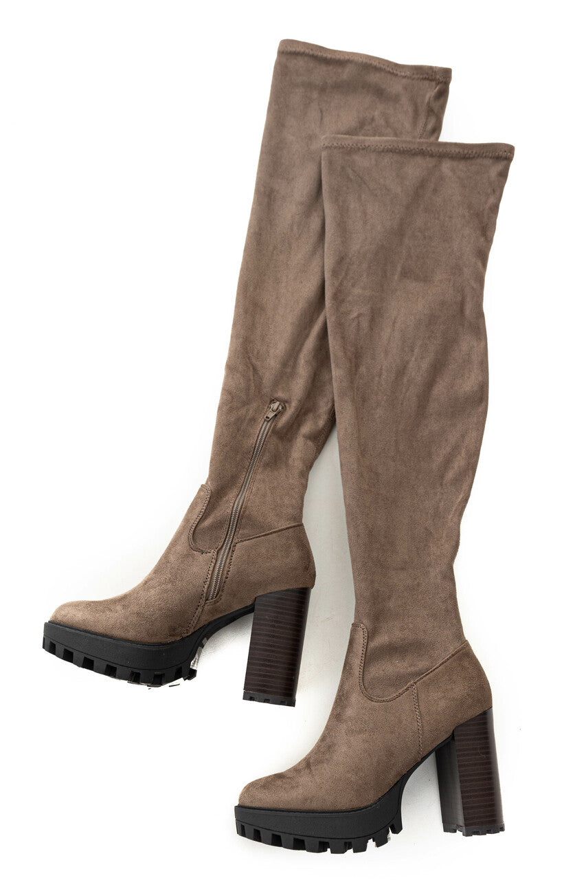 Taupe Thigh High Suede High Heel Lug Boots