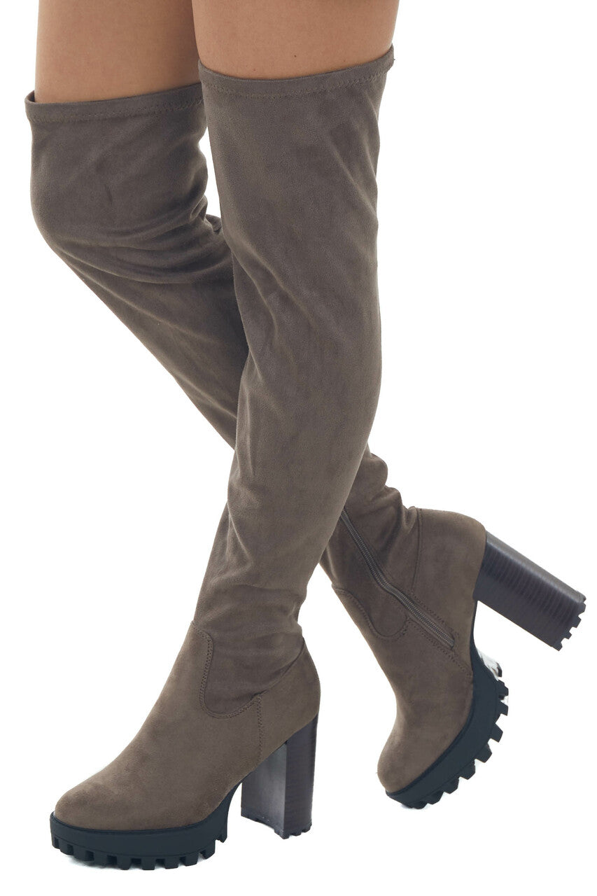 Taupe Thigh High Suede High Heel Lug Boots