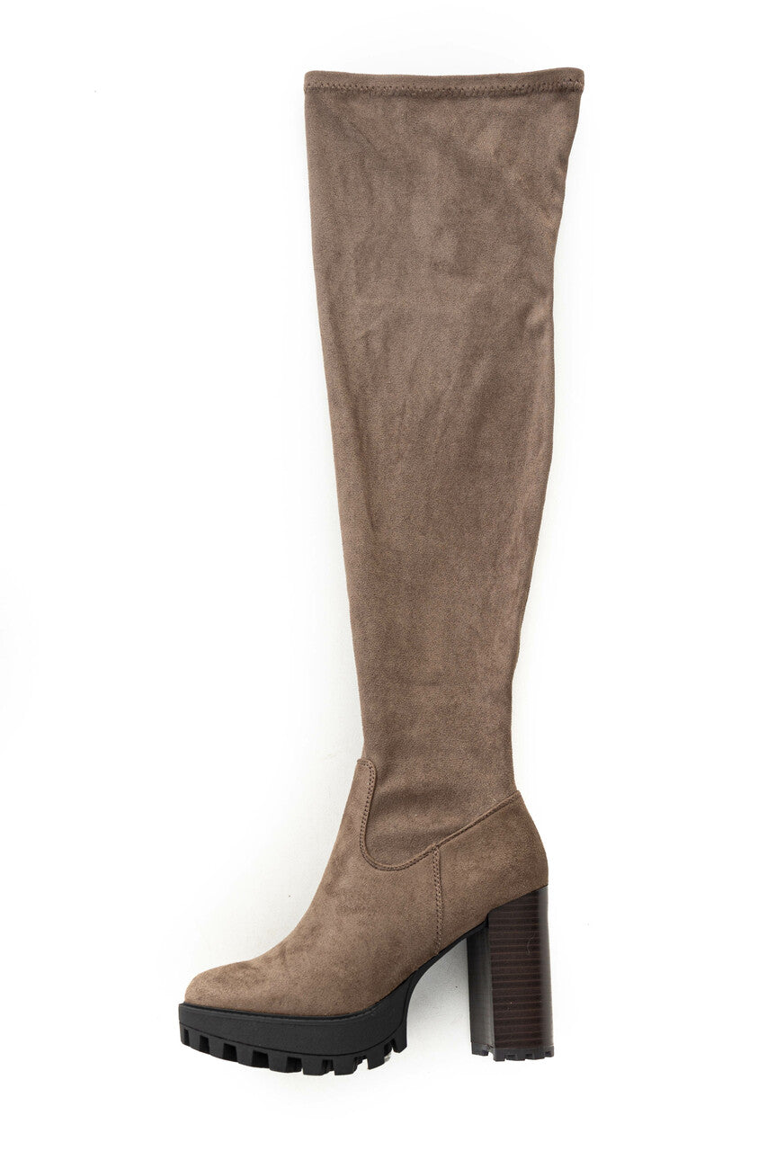 Taupe Thigh High Suede High Heel Lug Boots