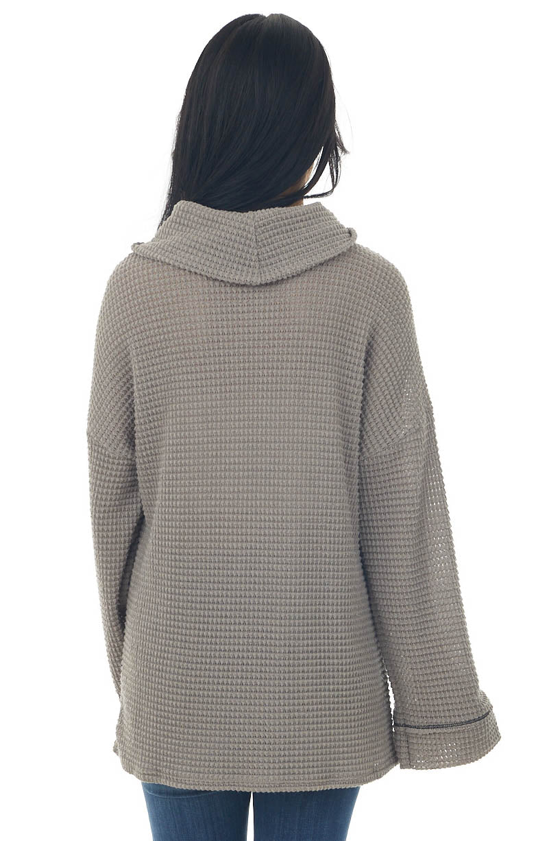 Taupe Waffle Knit Long Sleeve Top with Cowl Neckline