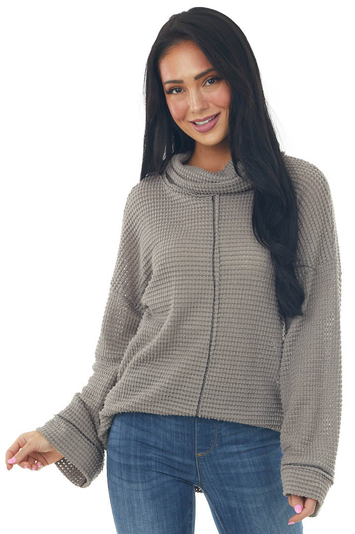 Taupe Waffle Knit Long Sleeve Top with Cowl Neckline