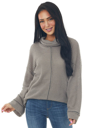 Taupe Waffle Knit Long Sleeve Top with Cowl Neckline