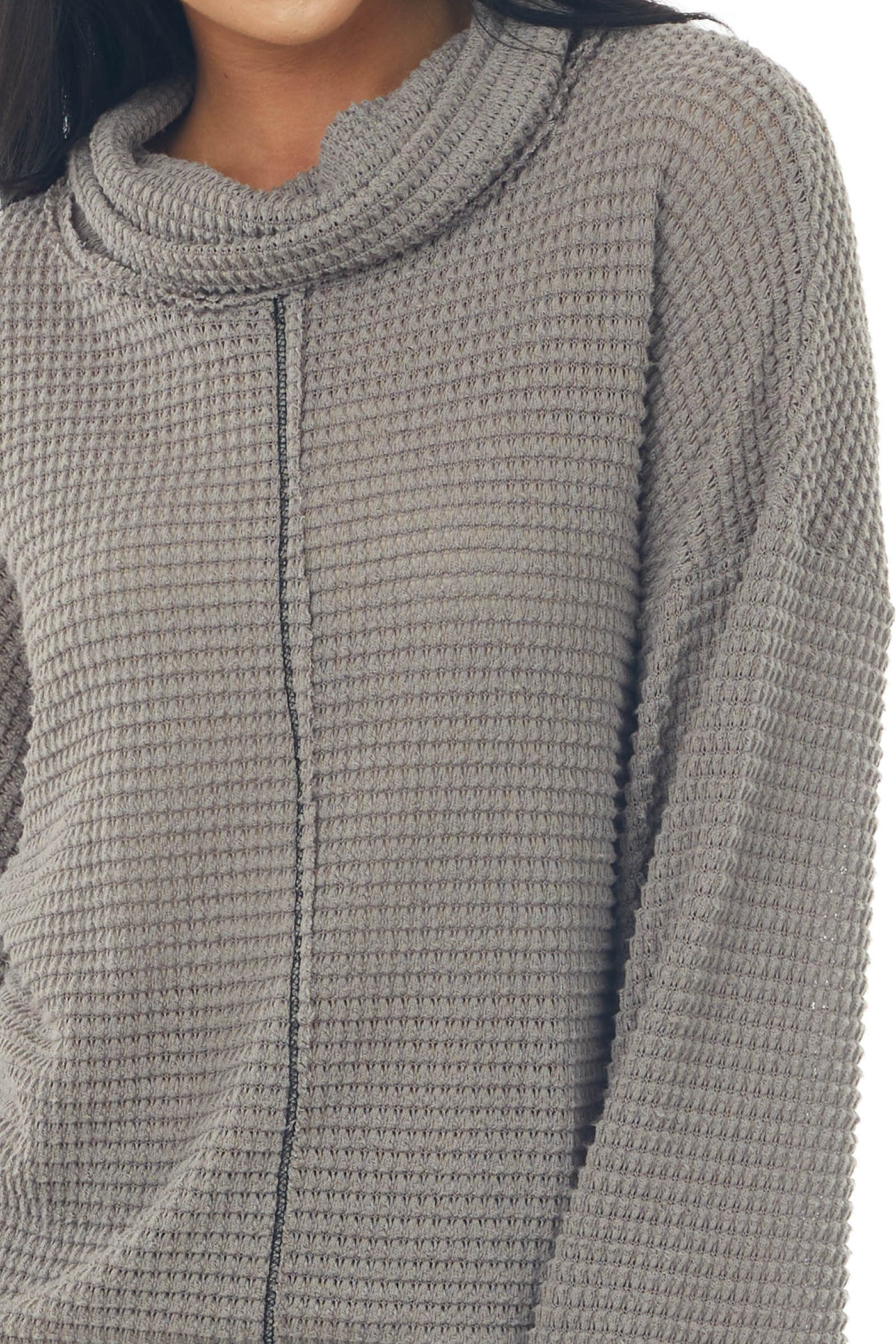 Taupe Waffle Knit Long Sleeve Top with Cowl Neckline