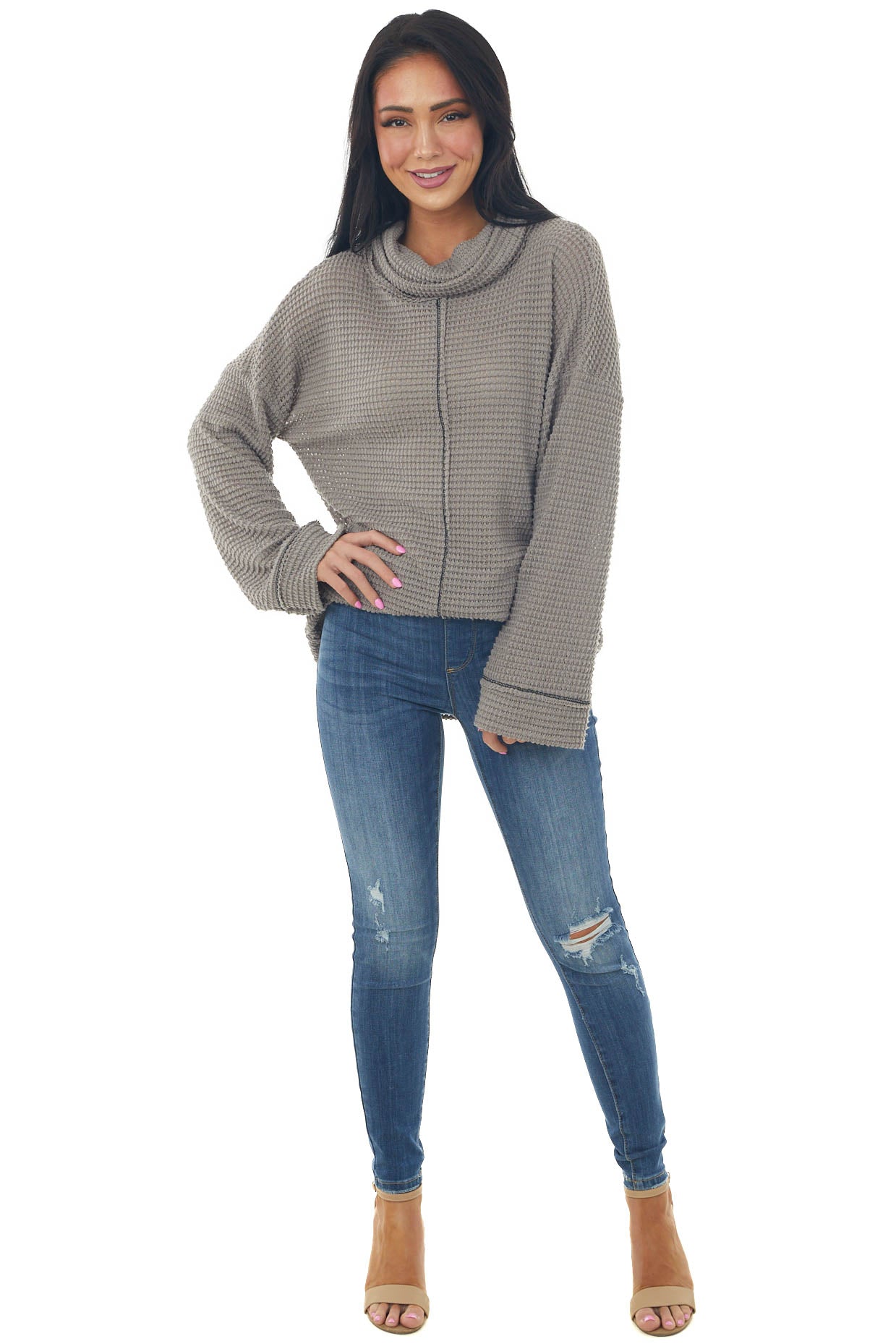 Taupe Waffle Knit Long Sleeve Top with Cowl Neckline