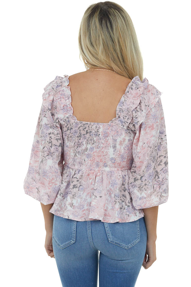 Tea Rose Floral Long Sleeve Smocked Blouse