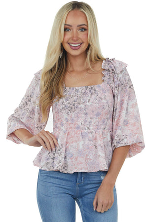 Tea Rose Floral Long Sleeve Smocked Blouse