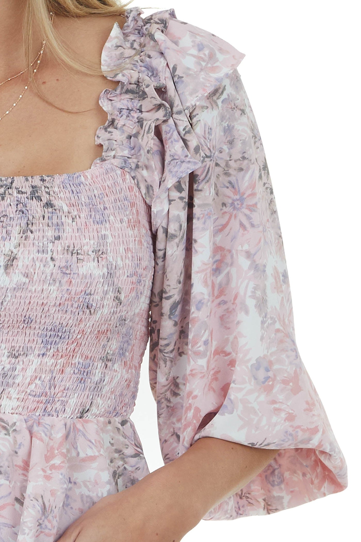 Tea Rose Floral Long Sleeve Smocked Blouse