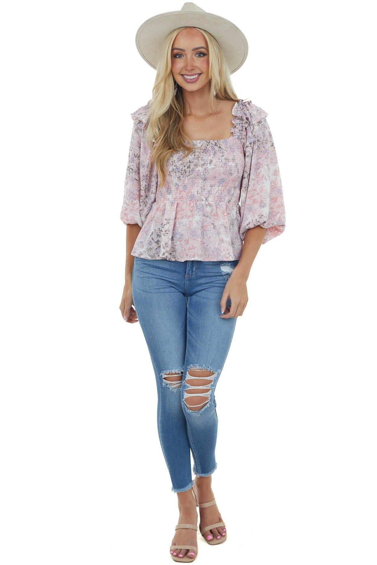 Tea Rose Floral Long Sleeve Smocked Blouse