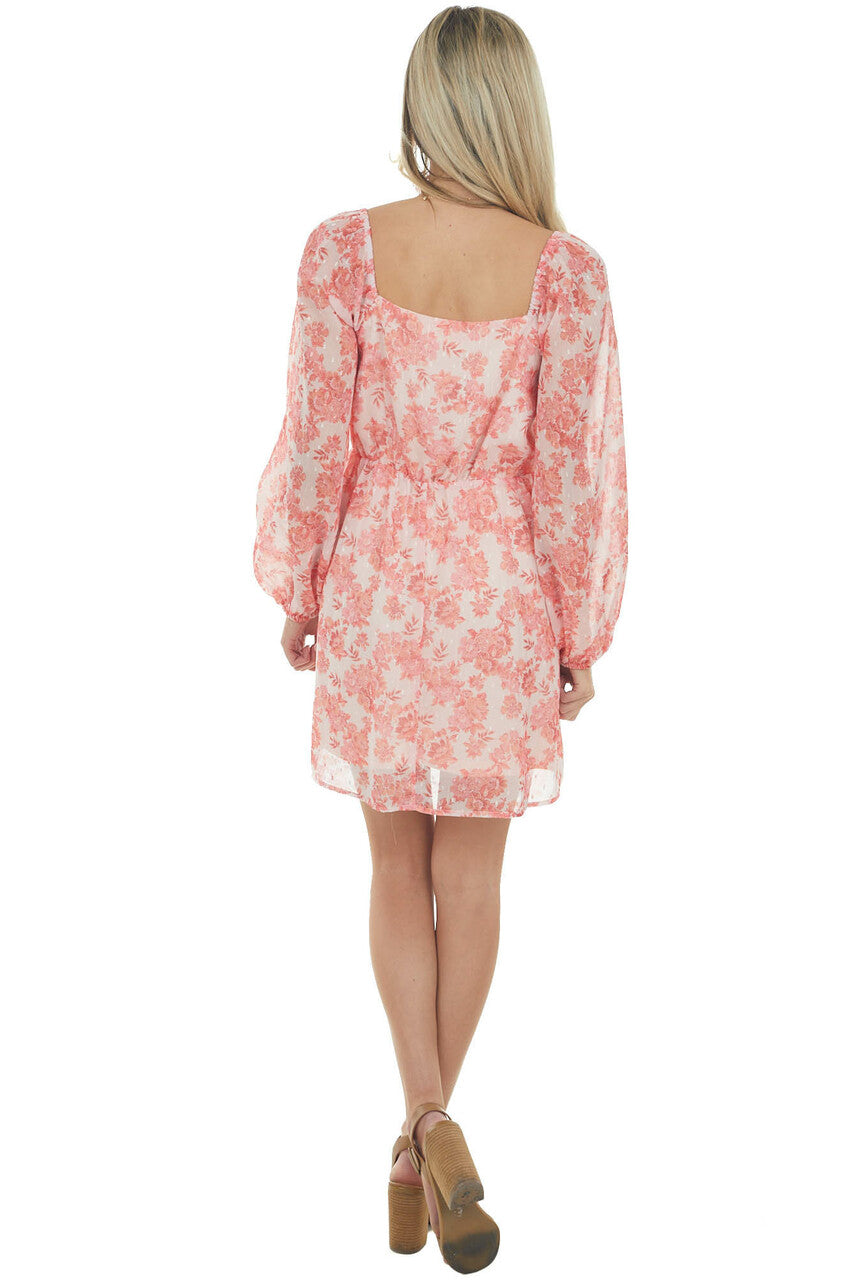 Tea Rose Floral Print Bubble Sleeve Mini Dress 