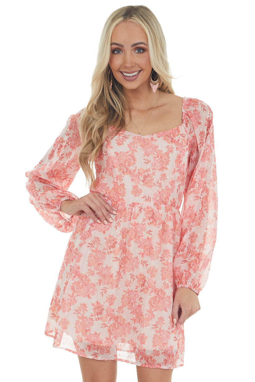 Tea Rose Floral Print Bubble Sleeve Mini Dress 