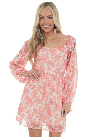 Tea Rose Floral Print Bubble Sleeve Mini Dress 