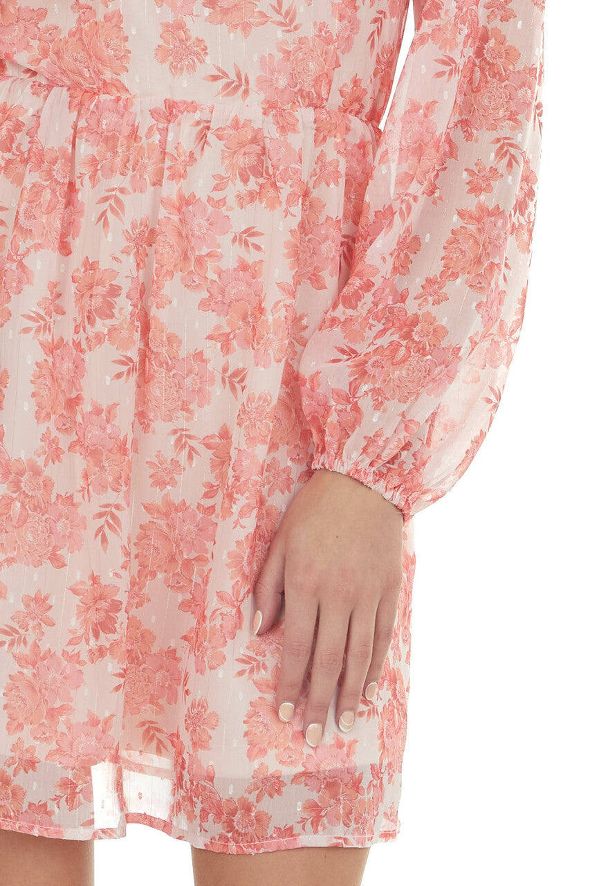 Tea Rose Floral Print Bubble Sleeve Mini Dress 