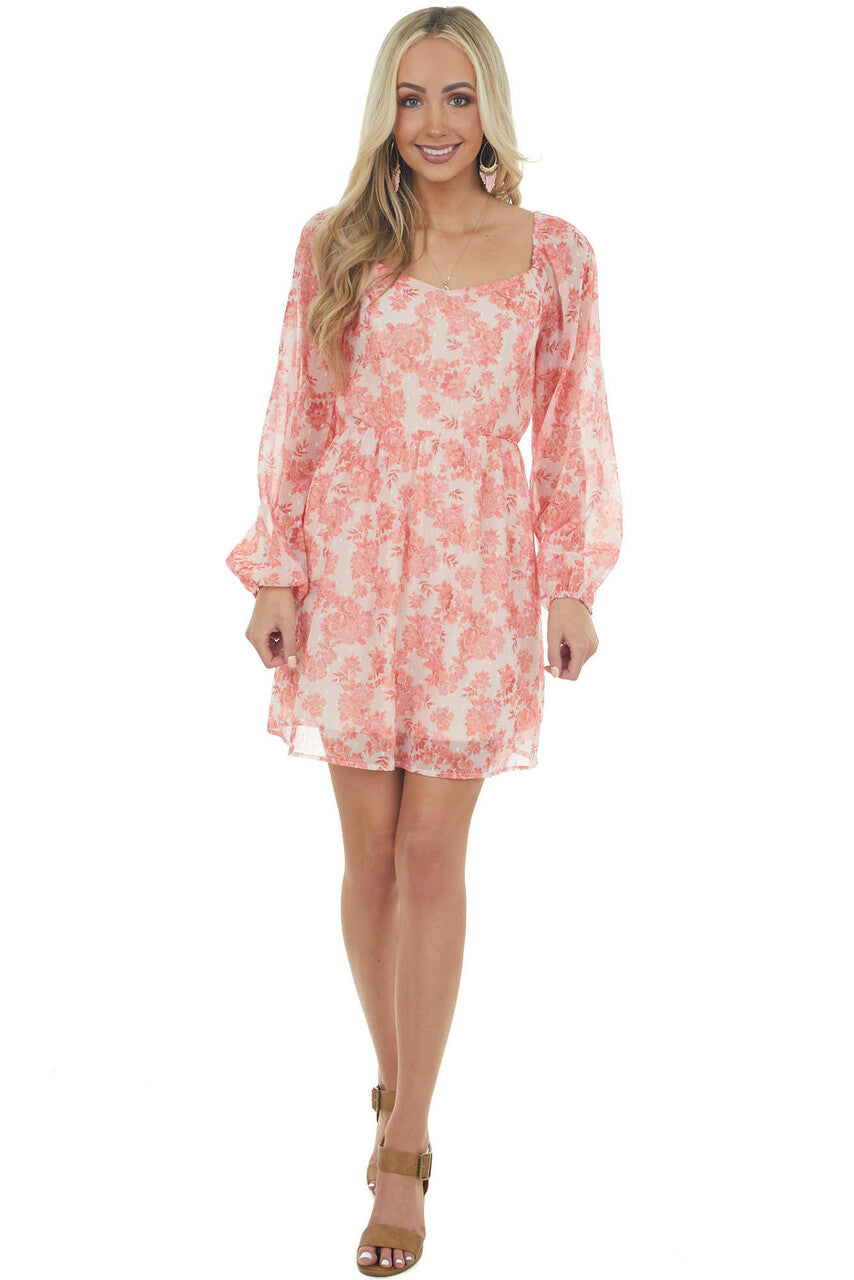 Tea Rose Floral Print Bubble Sleeve Mini Dress 
