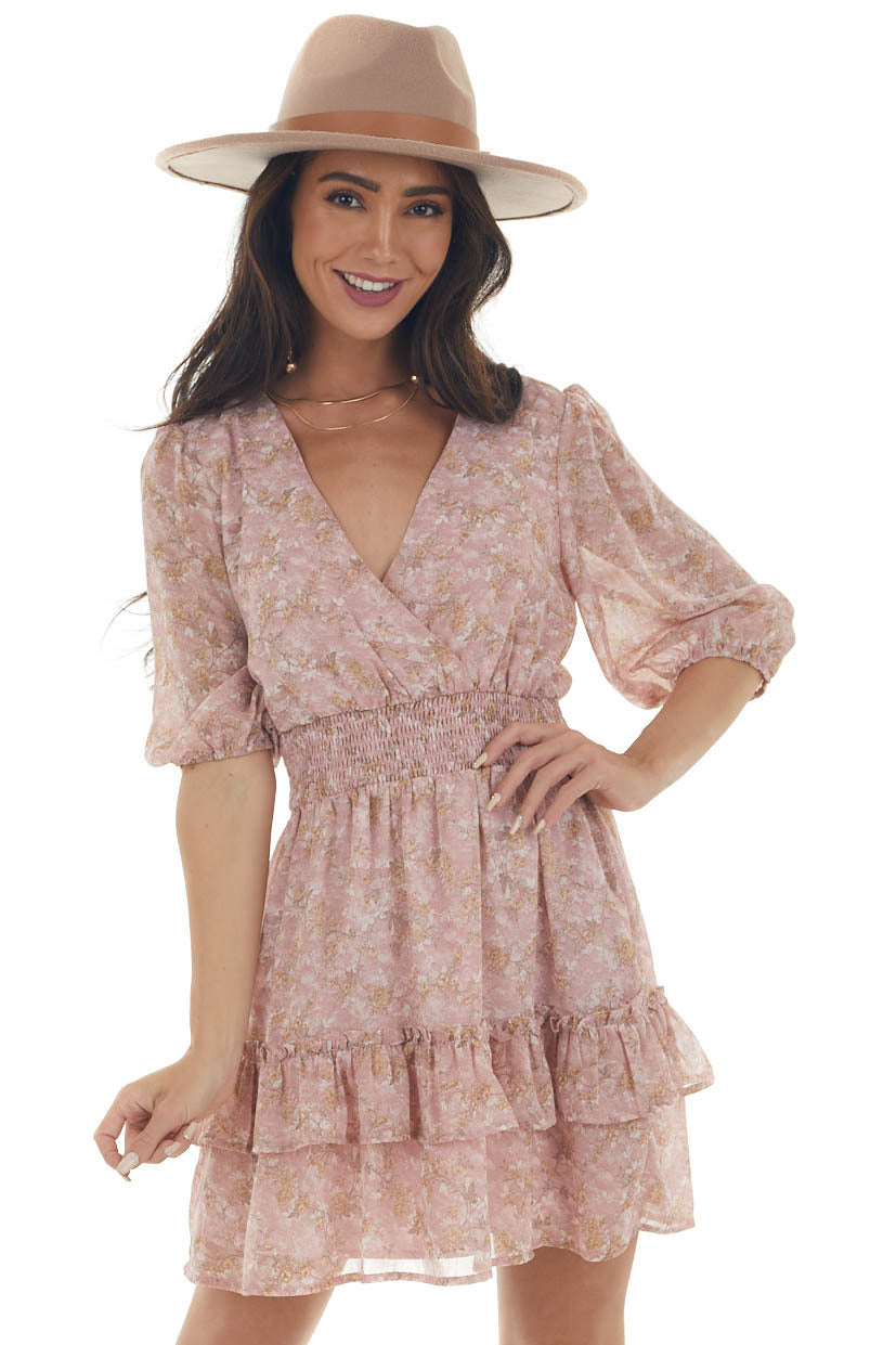 Tea Rose Floral Print Half Sleeve Short Dress