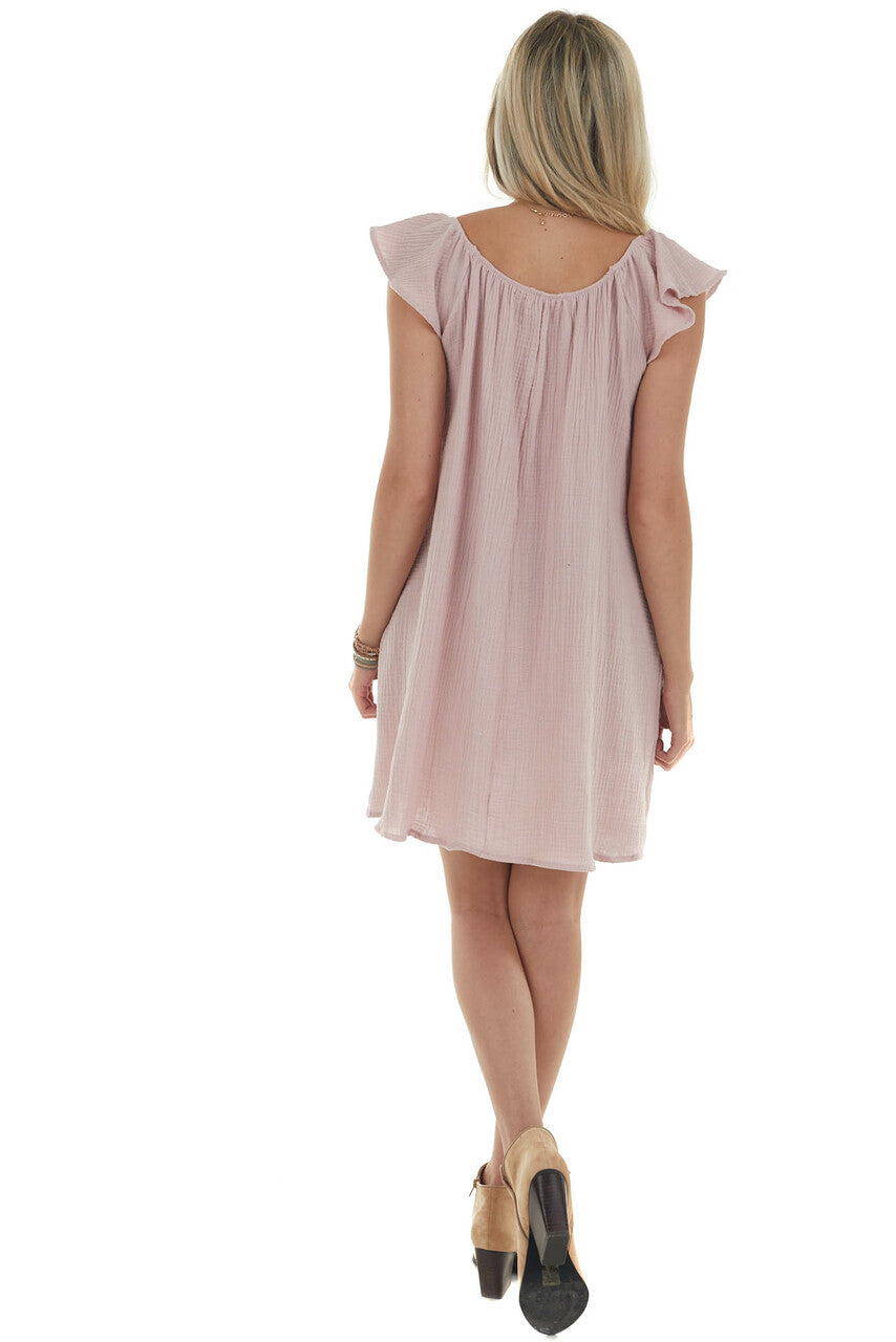 Tea Rose Flutter Sleeve Textured Short Dress
