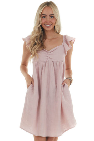 Tea Rose Flutter Sleeve Textured Short Dress