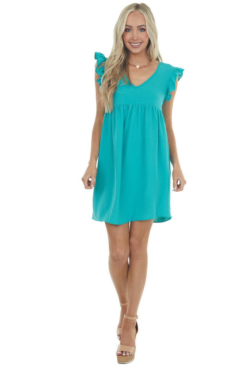 Teal Babydoll Ruffle Sleeve Woven Dress