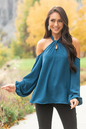 Teal Cold Shoulder Bubble Sleeve Halter Top 