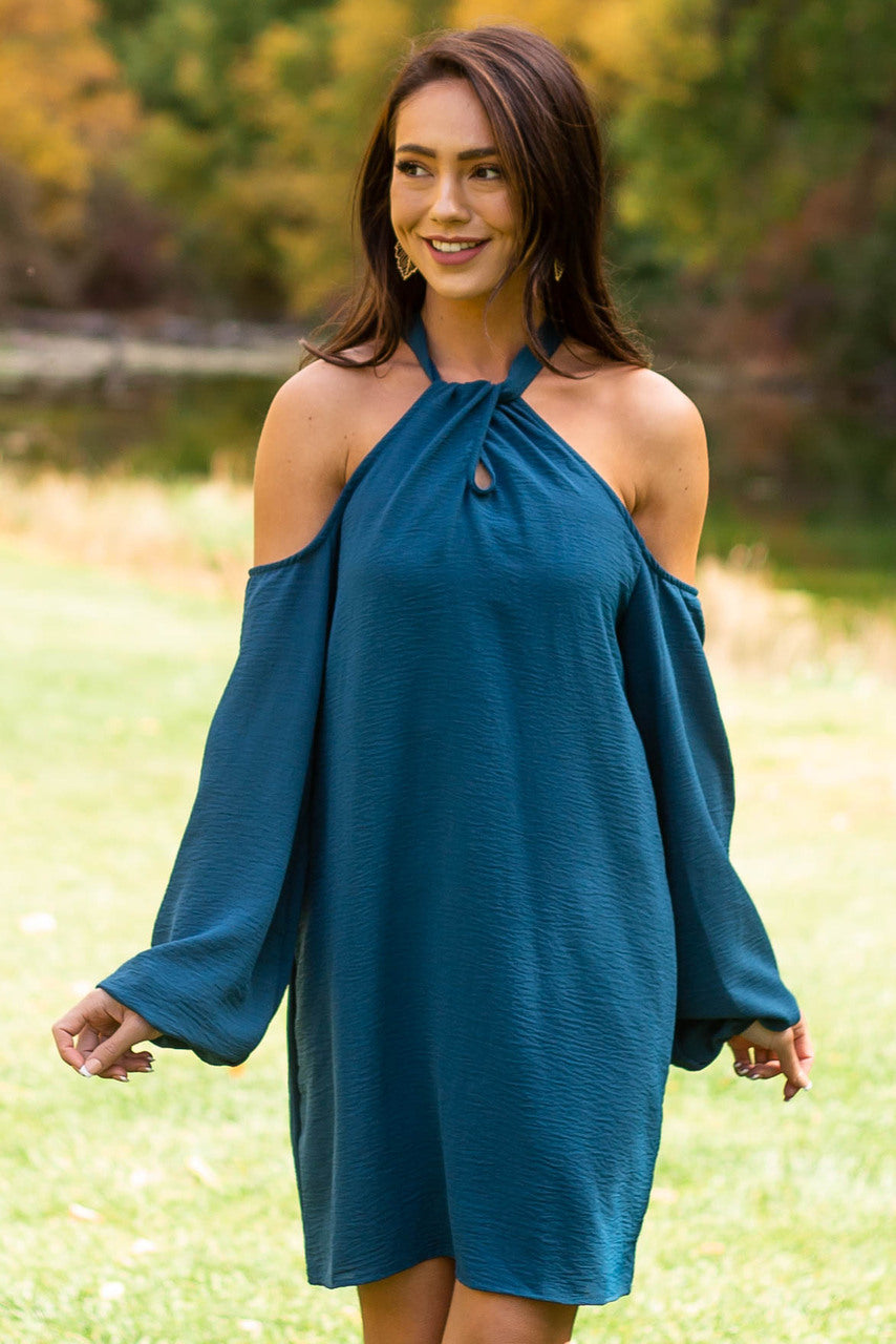 Teal Cold Shoulder Keyhole Long Sleeve Dress 