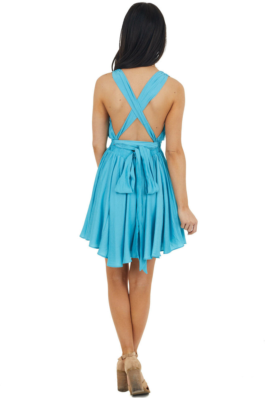 Aqua Mini Dress with Open Back and Criss Cross Tie 